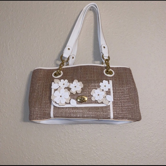 SOLD* Liz Claiborne LC Shoulder Tote Floral Straw bag  •White/Straw•New - Picture 1 of 8